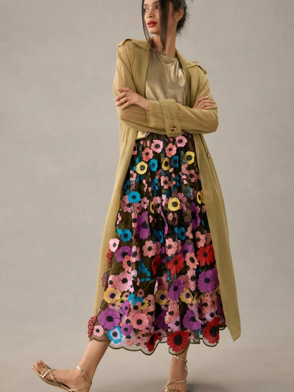 Anthropologie Maeve Floral Appliqué Midi Skirt w/ Multicolor Flowers - Medium